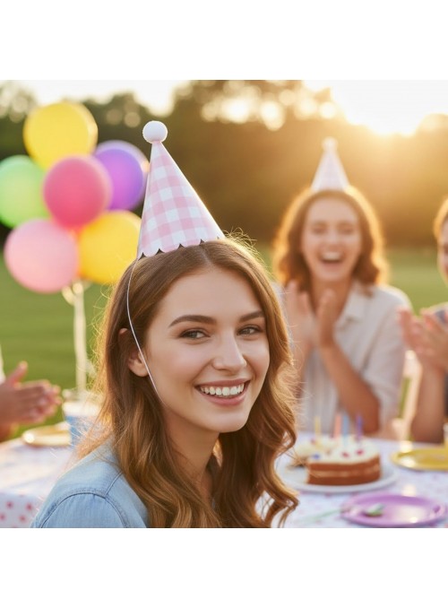 Chapéu de Aniversário Chapeuzinho Xadrez Rosa Blush Mesa Festa 5 Unidades
