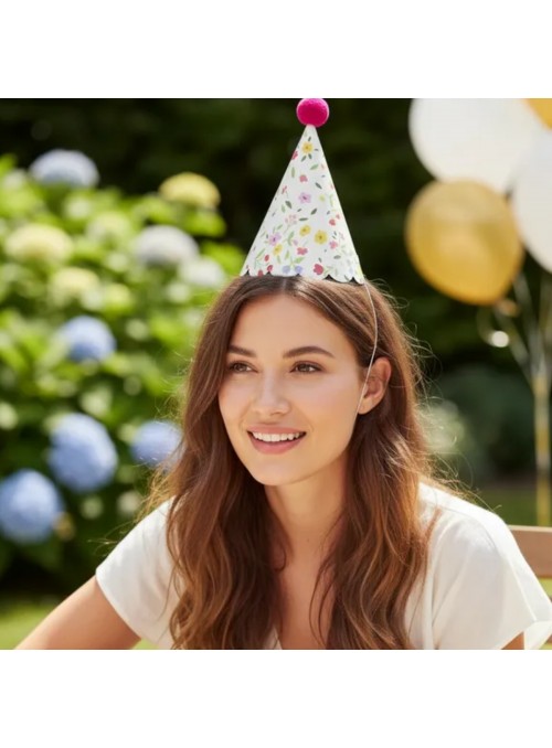 Chapéu de Aniversário Chapeuzinho Floral Vintage Mesa Festa 5 Unidades