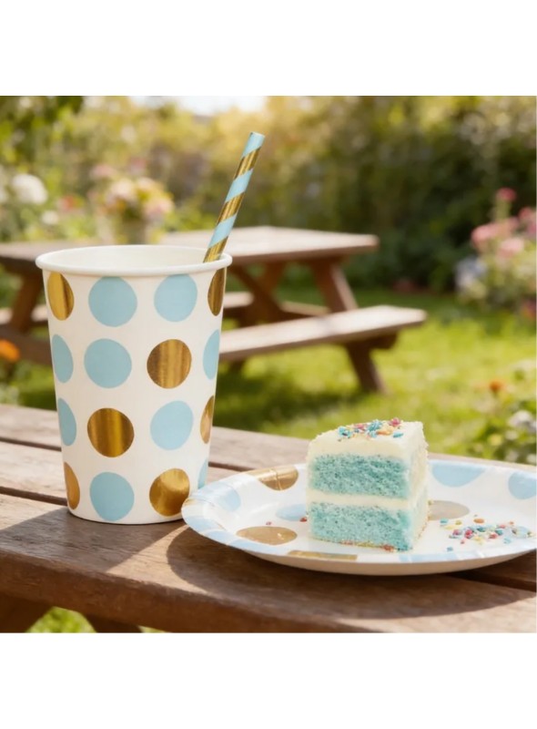 Prato E Copo De Papel Poá Glamour Azul E Dourado 8 Und Cada