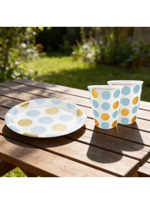 Prato E Copo De Papel Poá Glamour Azul E Dourado 8 Und Cada