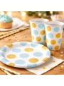 Prato E Copo De Papel Poá Glamour Azul E Dourado 8 Und Cada