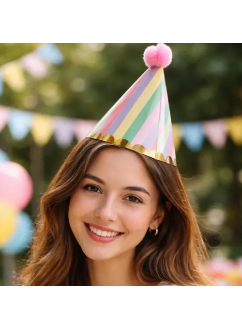 Chapéu De Aniversário Listrado Colorido Candy Pompom 8 Und