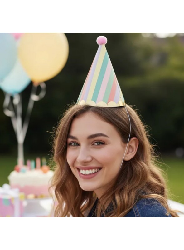 Chapéu De Aniversário Listrado Colorido Candy Pompom 8 Und