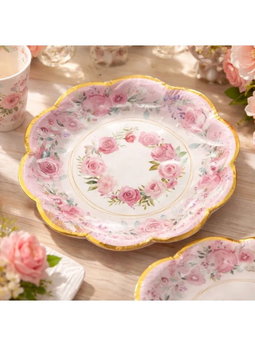 Prato E Copo De Papel Estampado Luxo Jardim De Rosas