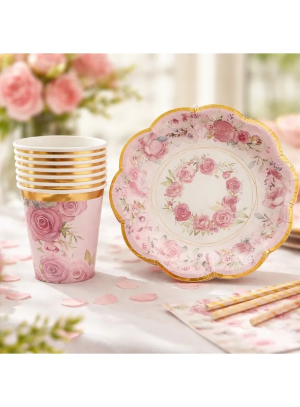 Prato E Copo De Papel Estampado Luxo Jardim De Rosas