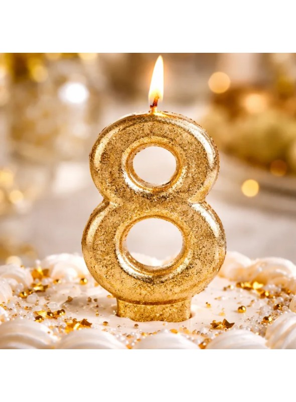 Vela De Aniversário Número 8 Dourada Glitter Silver Festas
