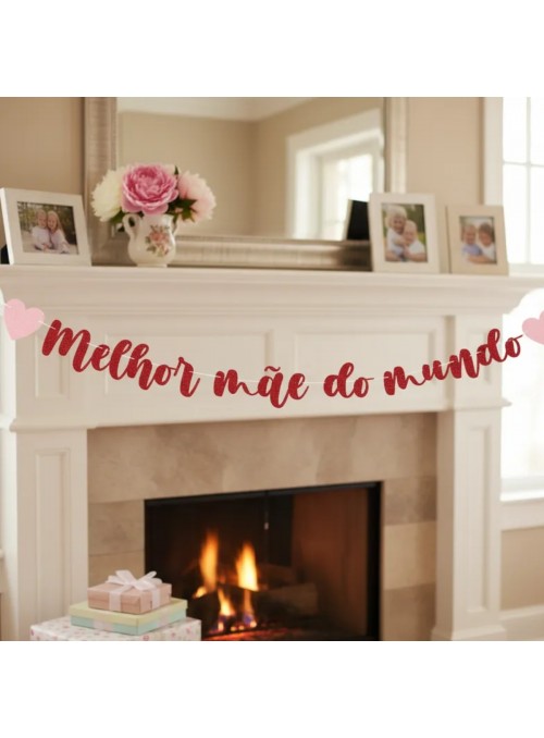 Faixa Decorativa Melhor Mãe Do Mundo Corações Dia Das Mães