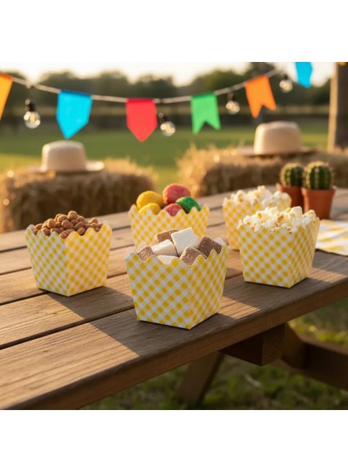 Cachepot de Papel Xadrez Amarelo 9x9cm 8 Unidades Festa Junina Piquenique