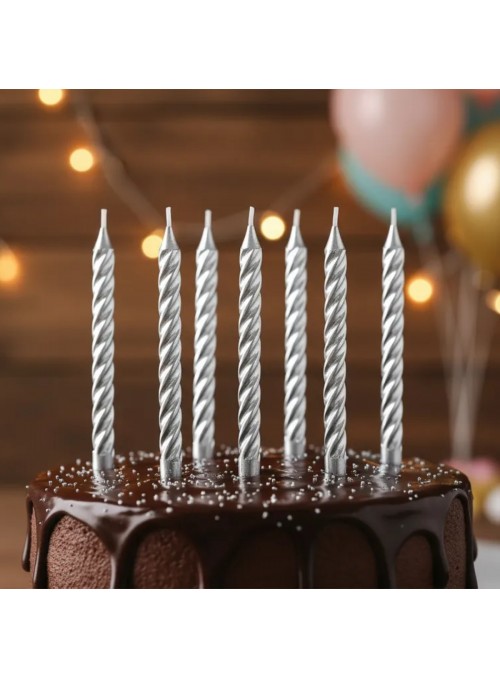 Velas de Bolo Aniversário Espiral Prata – 8 unidades