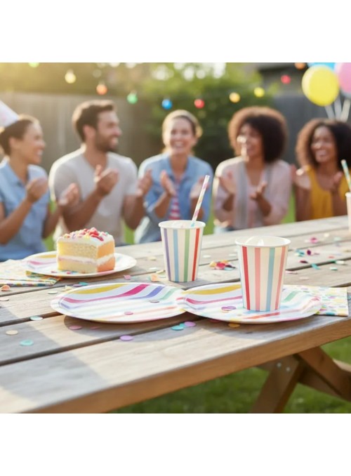 Prato e Copo de Papel Listras Coloridas Silver Festas 10 Unidades de Cada
