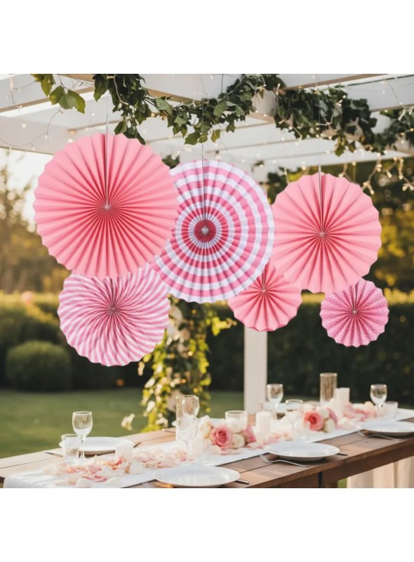 Leque de Papel Decorativo Rosa Claro Kit 6 Unidades