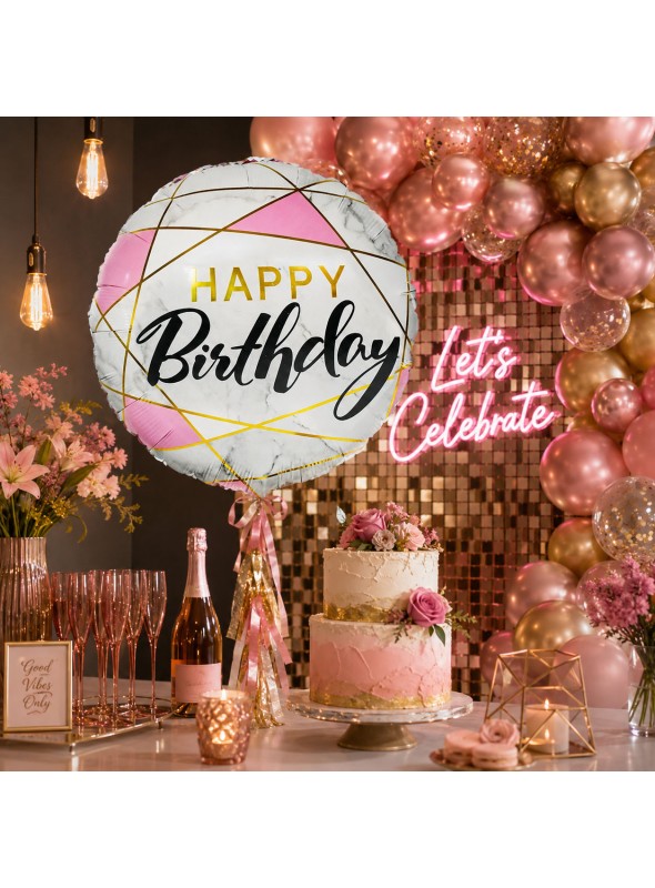 Balão Metalizado Happy Birthday Mármore 18 Polegadas 45cm Ponto das Festas