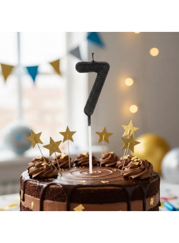 Vela De Aniversário Número 7 Glitter Preto 14,5cm Velas Aniversário