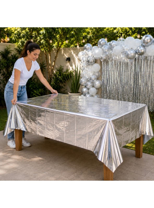 Toalha de Mesa Retangular Prata Metalizado 137cm x 183cm