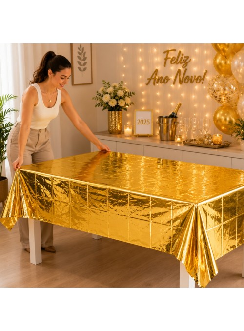 Toalha de Mesa Retangular Dourada Metalizada 137cm x 183cm