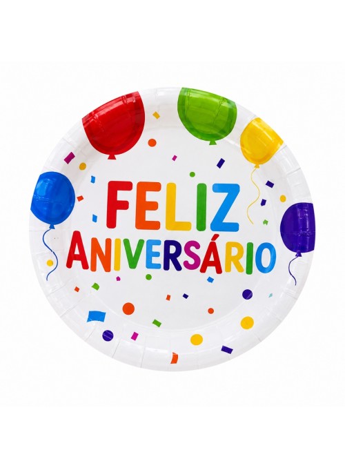 Prato E Copo De Papel Feliz Aniversário Balões 8 Und Cada