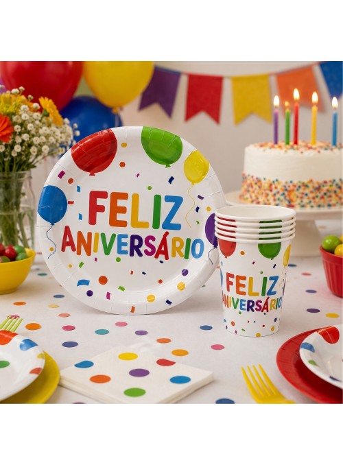Prato E Copo De Papel Feliz Aniversário Balões 8 Und Cada
