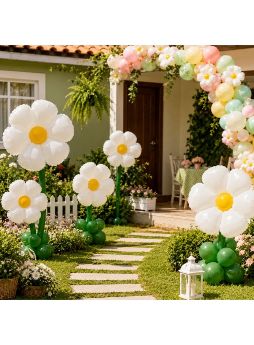 Balão Metalizado Flor Margarida Branca 71 x 71cm Flutua Gás Hélio