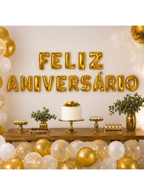 Balão Metalizado Feliz Aniversário Dourado Letras 40cm