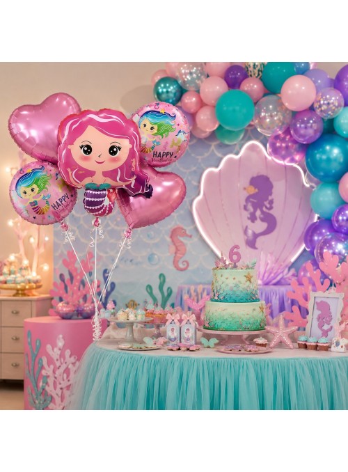 Kit Balões Metalizados Sereia Rosa Happy Bday Com 5 Und