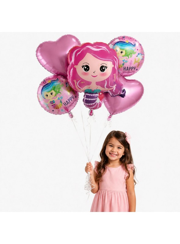 Kit Balões Metalizados Sereia Rosa Happy Bday Com 5 Und