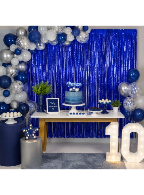 Cortina Metalizada Azul 1m x 2m Decoração de Festa Silver Festas