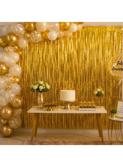 Cortina Metalizada Dourada 1m x 2m Decoração de Festa Silver Festas