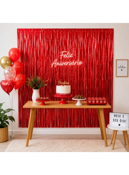 Cortina Metalizada Vermelha 1m x 2m Decoração de Festa Silver Festas