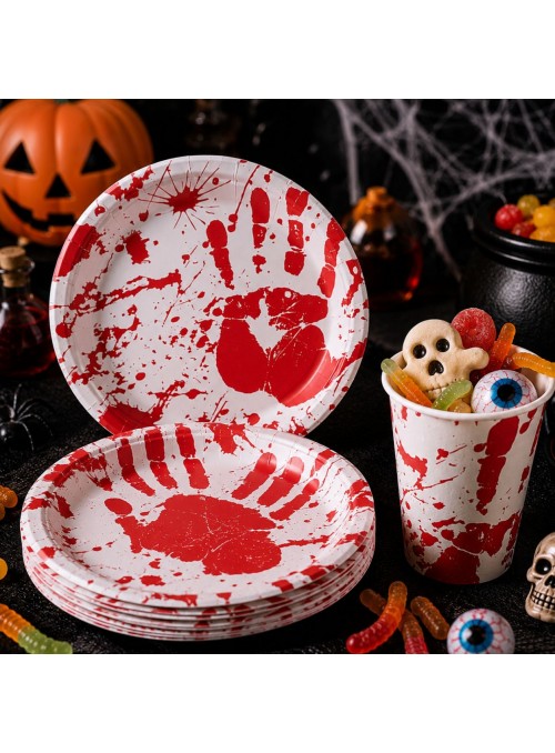 Prato e Copo de Papel Halloween Manchas de Sangue 10 Unidades de Cada Decoração Halloween