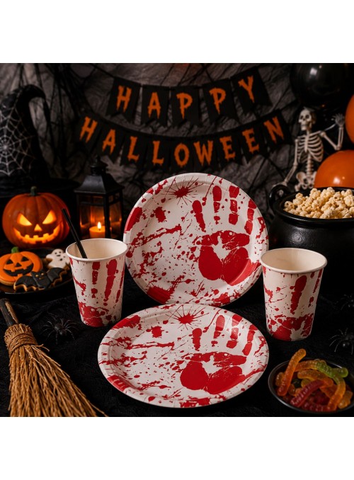 Prato e Copo de Papel Halloween Manchas de Sangue 10 Unidades de Cada Decoração Halloween