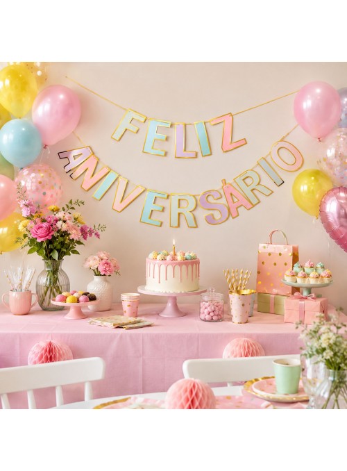 Faixa Decorativa Feliz Aniversário Colorido Pastel 4,0 Metros Silver Festas