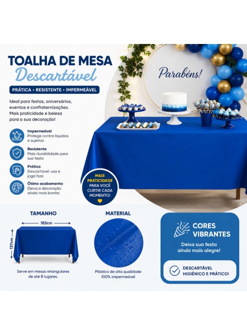 Toalha de Mesa Retangular Azul Royal Descartáveis para Festa