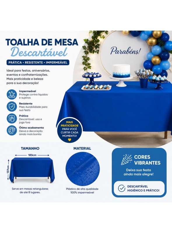Toalha de Mesa Retangular Azul Royal Descartáveis para Festa