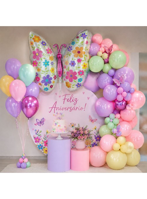 Balão Metalizado Borboleta Com Flores 91x69,5cm Festa Jardim