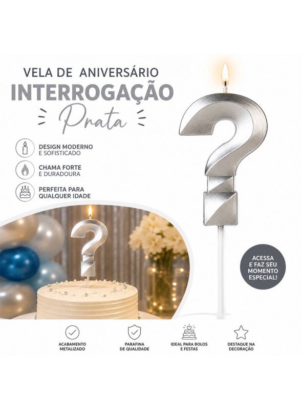 Vela de Aniversário Design Ponto de Interrogação Prata Silver Festas