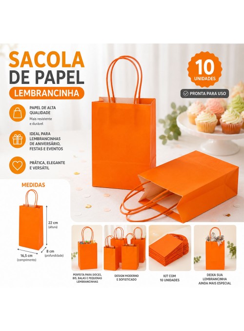 Sacola De Papel Laranja 22x16,5cm 10 Unidades Lembrancinha