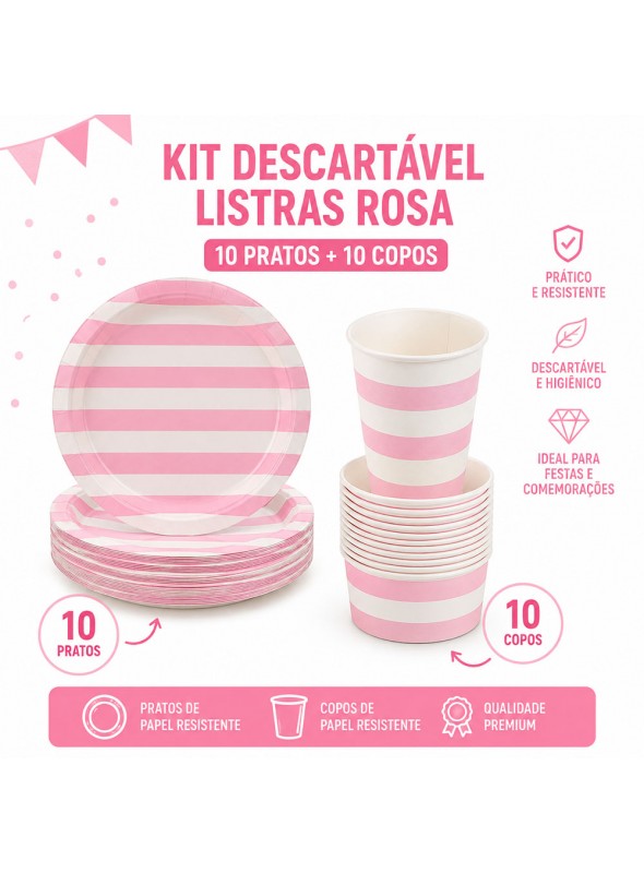 Prato e Copo de Papel Listras Rosa Claro 10 Pratos e 10 Copos