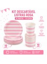 Prato e Copo de Papel Listras Rosa Claro 10 Pratos e 10 Copos