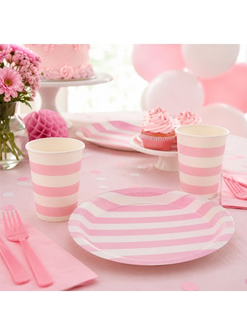 Prato e Copo de Papel Listras Rosa Claro 10 Pratos e 10 Copos