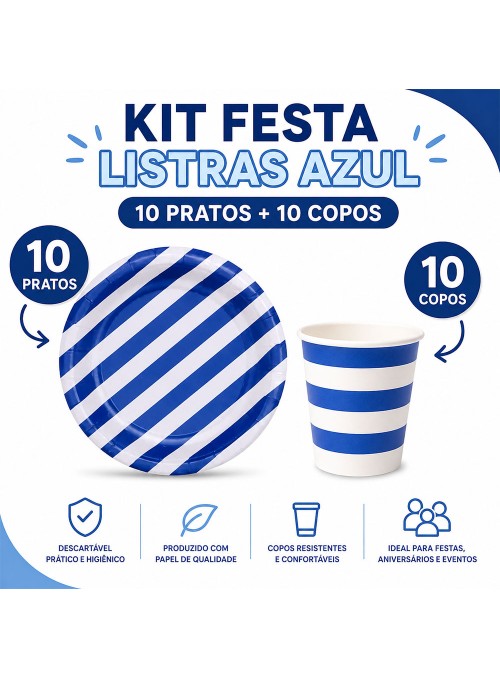 Prato e Copo de Papel Listras Azul 10 Unidades de Cada