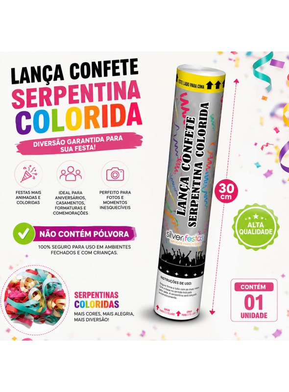 Lança Confetes Serpentina Colorida 30cm Silver Festas 1 Unidade