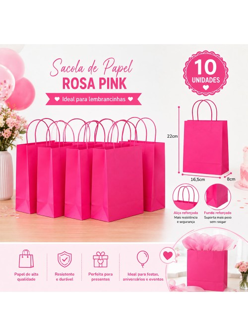 Sacola De Papel Rosa Pink 22x16,5cm 10 Unidades Lembrancinha