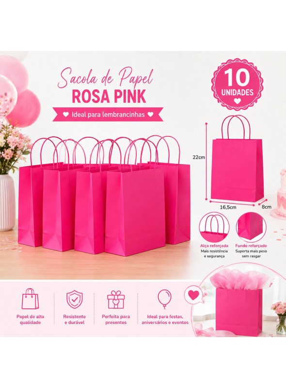 Sacola De Papel Rosa Pink 22x16,5cm 10 Unidades Lembrancinha