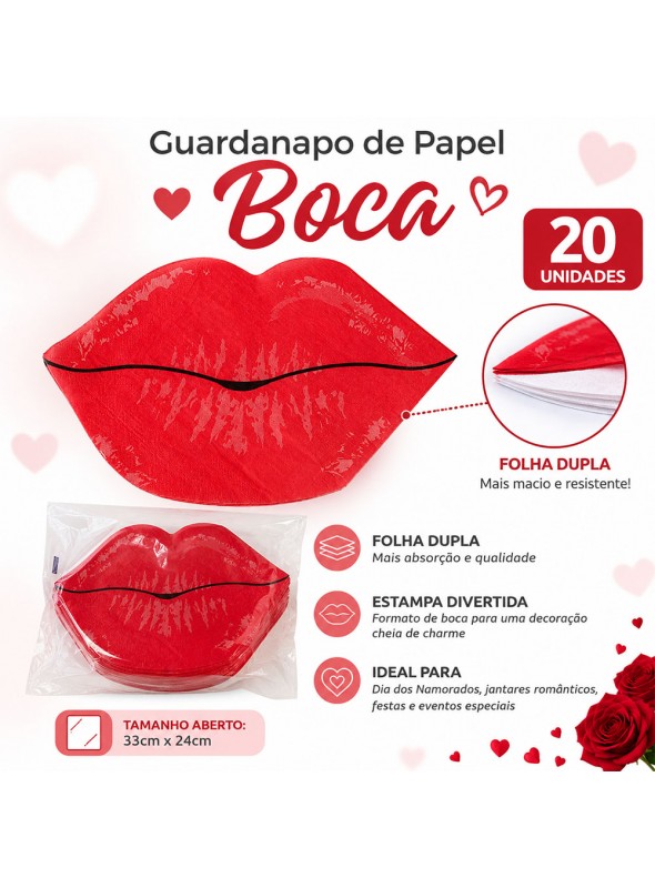 Guardanapos de Papel Folha Dupla Boca Vermelha 20 Unidades Namorados