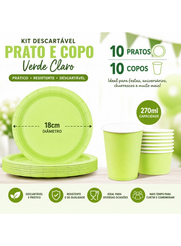 Prato e Copo de Papel Verde Claro 10 Pratos e 10 Copos