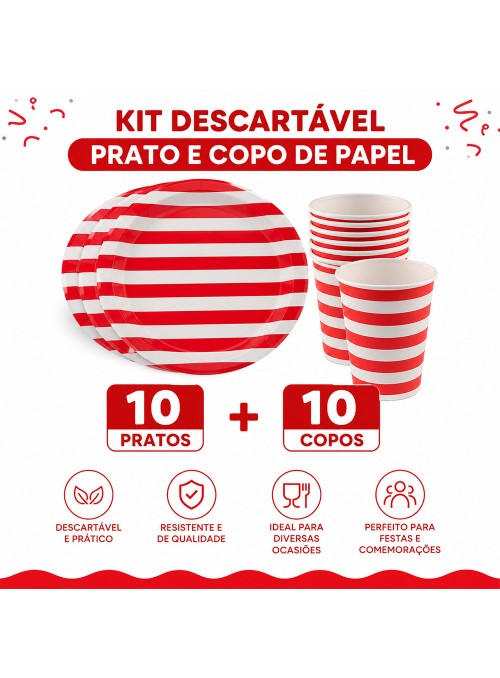 Prato e Copo de Papel Listras Vermelha 10 Pratos e 10 Copos