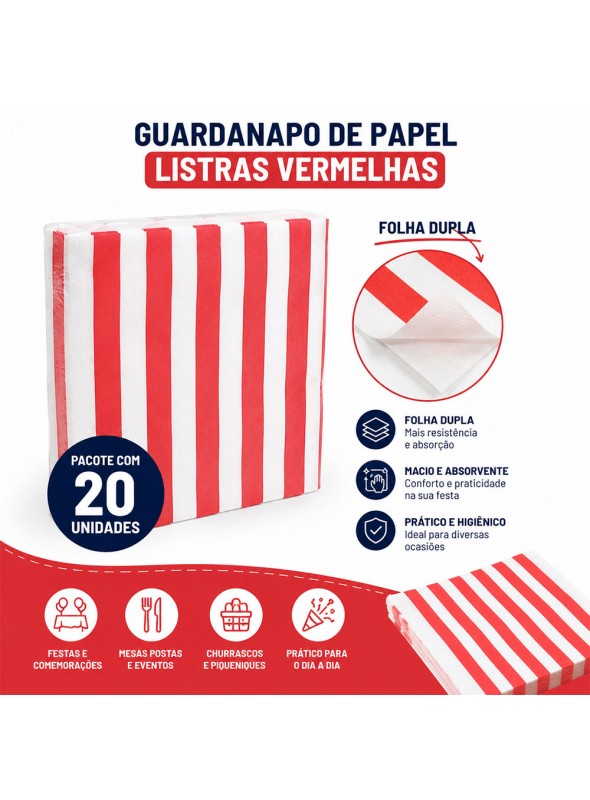 Guardanapo de Papel Listras Vermelho Folha Dupla 33x33 20 Unidades