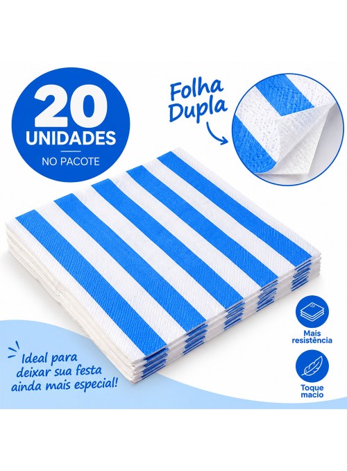 Guardanapo de Papel Listras Azul Folha Dupla 33x33 20 Unidades