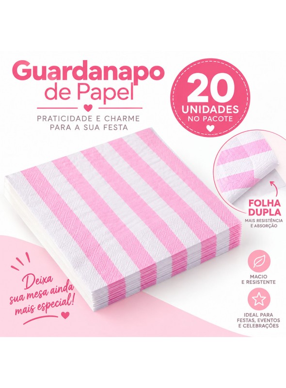 Guardanapo de Papel Listras Rosa Claro Folha Dupla 33x33 20 Unidades