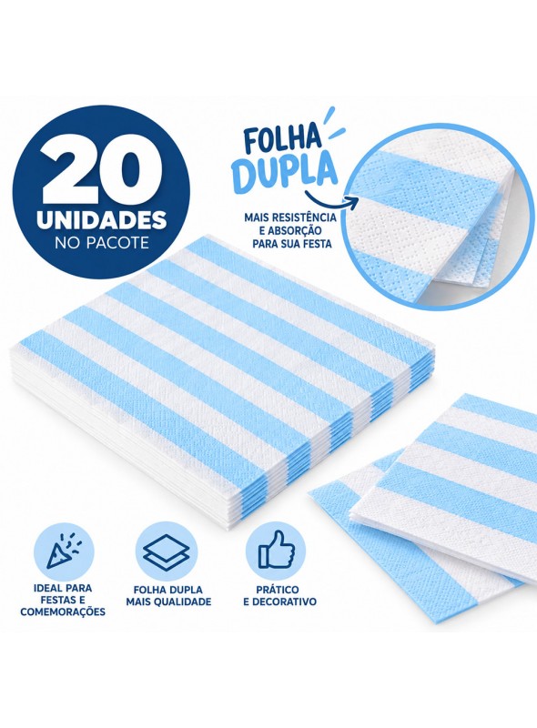 Guardanapo de Papel Listras Azul Claro 33x33cm 20 Unidades